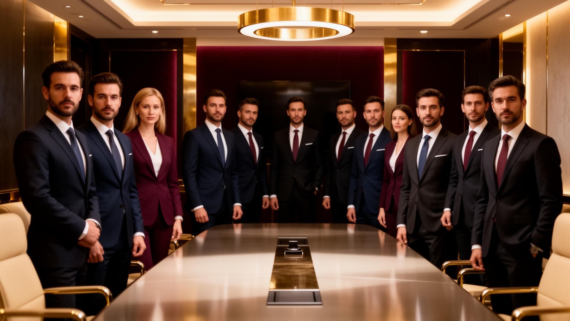 Corporate professionals in a luxury boardroom setting