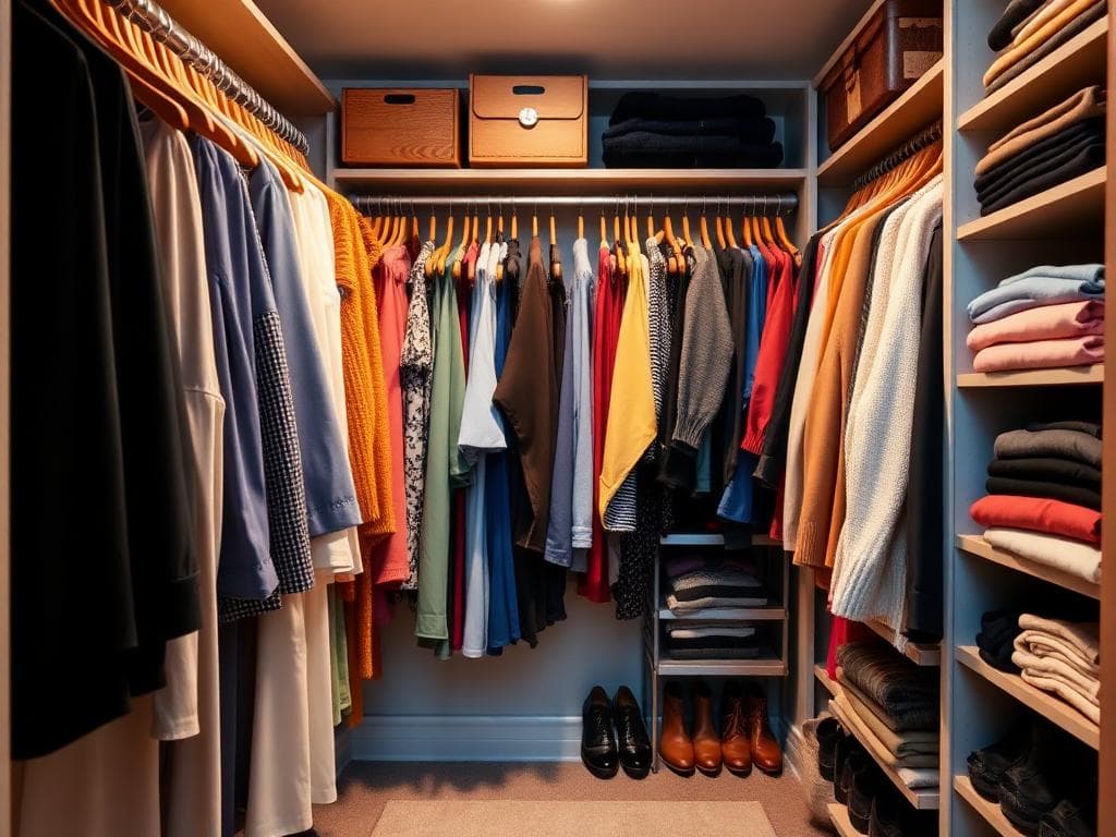 Color-coded organized walk-in closet after wardrobe makeover