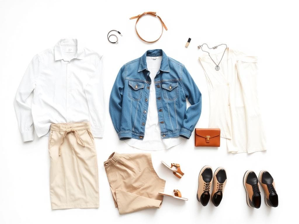 Capsule wardrobe flat lay with essential pieces after wardrobe makeover