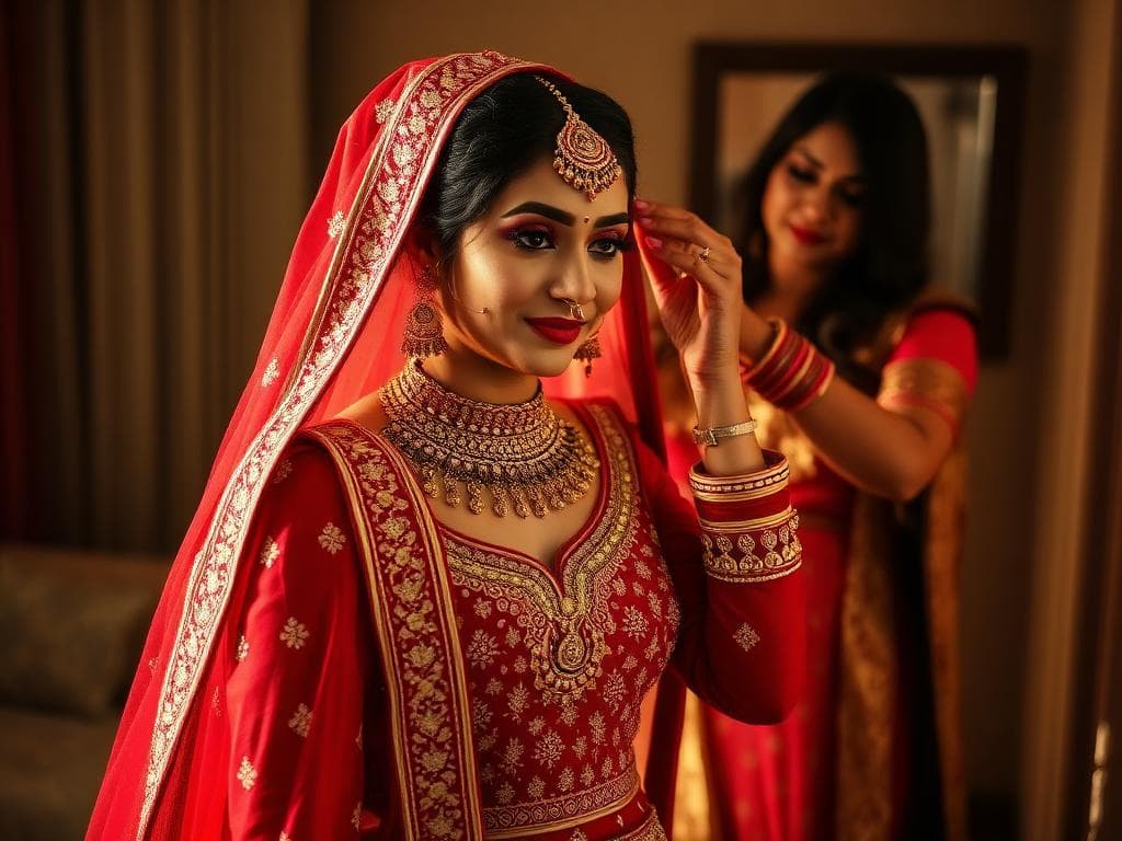 Indian bride in red bridal lehenga with gold embroidery getting ready