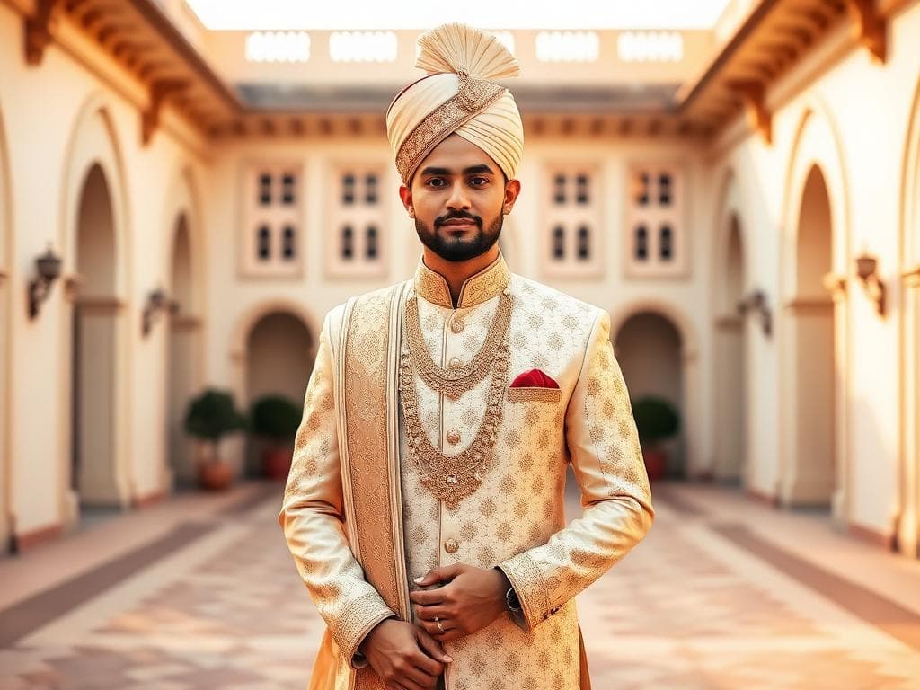 Groom in cream and gold sherwani at palace courtyard
