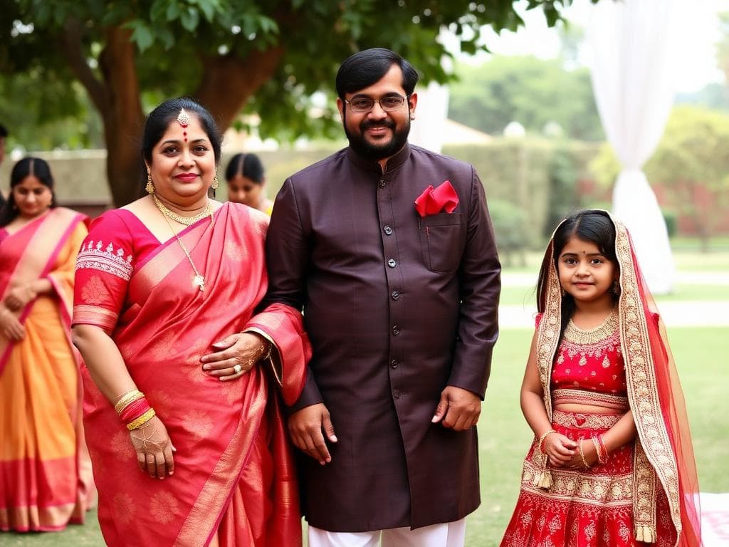 Family styled in coordinated wedding guest outfits