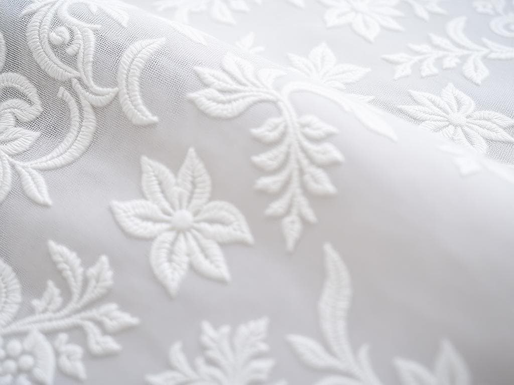 Closeup of exquisite white Chikankari shadow work embroidery