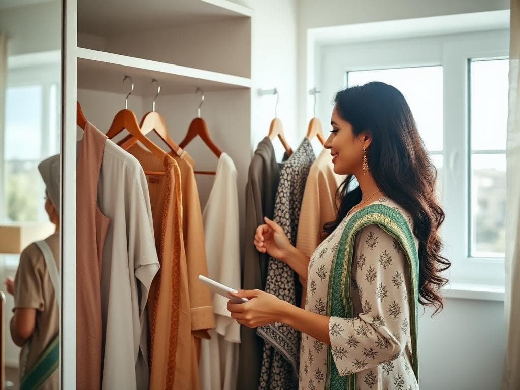 Woman choosing outfit from styled wardrobe rack after closet audit