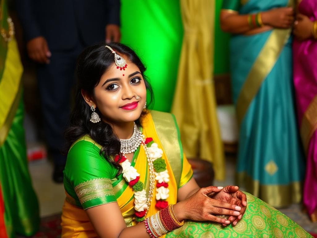 Woman in green and yellow mehendi ceremony outfit with floral jewelry