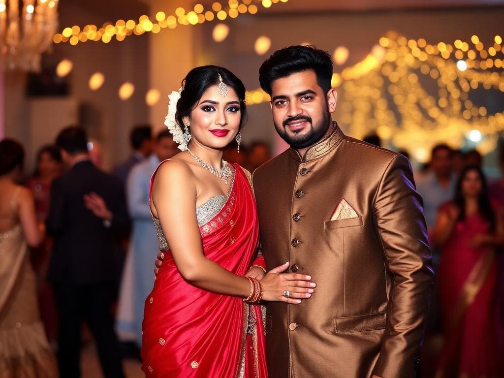 Couple styled for sangeet night in designer outfits