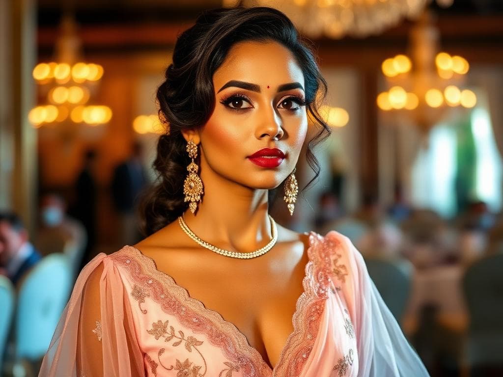 Woman in pastel pink designer reception gown at luxury venue
