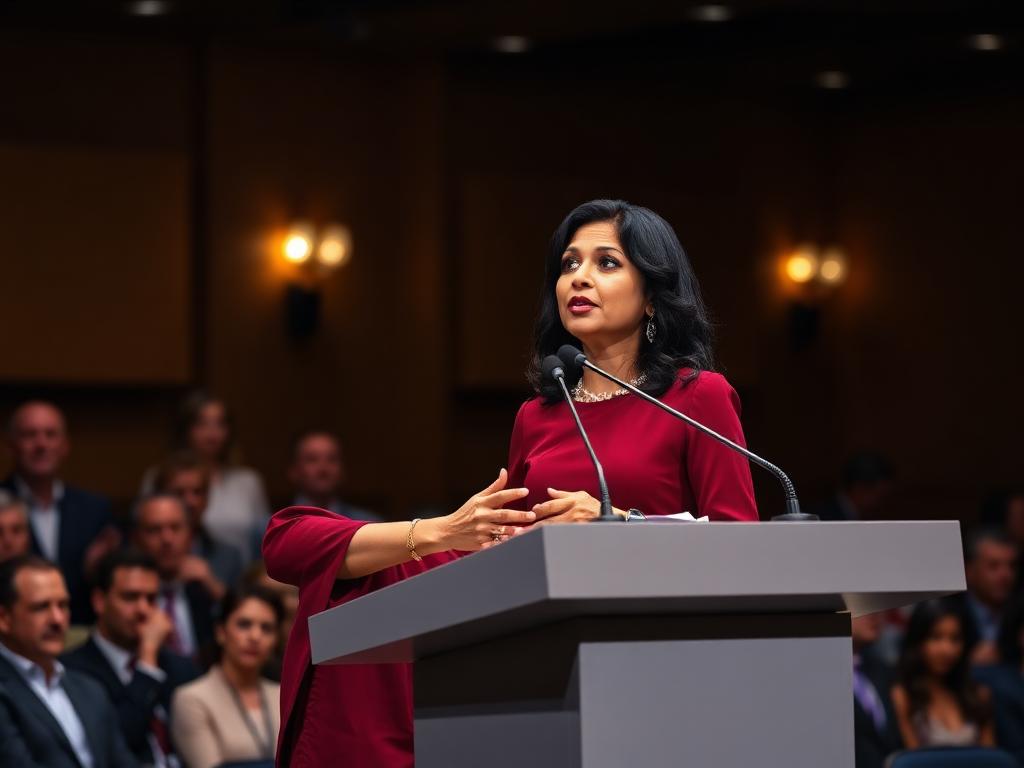 Woman presenting at major business conference