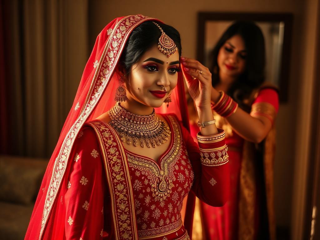 Indian bride in red bridal lehenga with gold embroidery getting ready