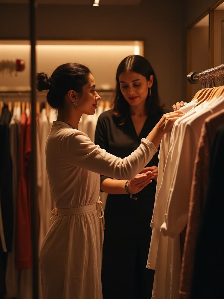 StyleBuddy stylist helping a client choose outfits in a boutique